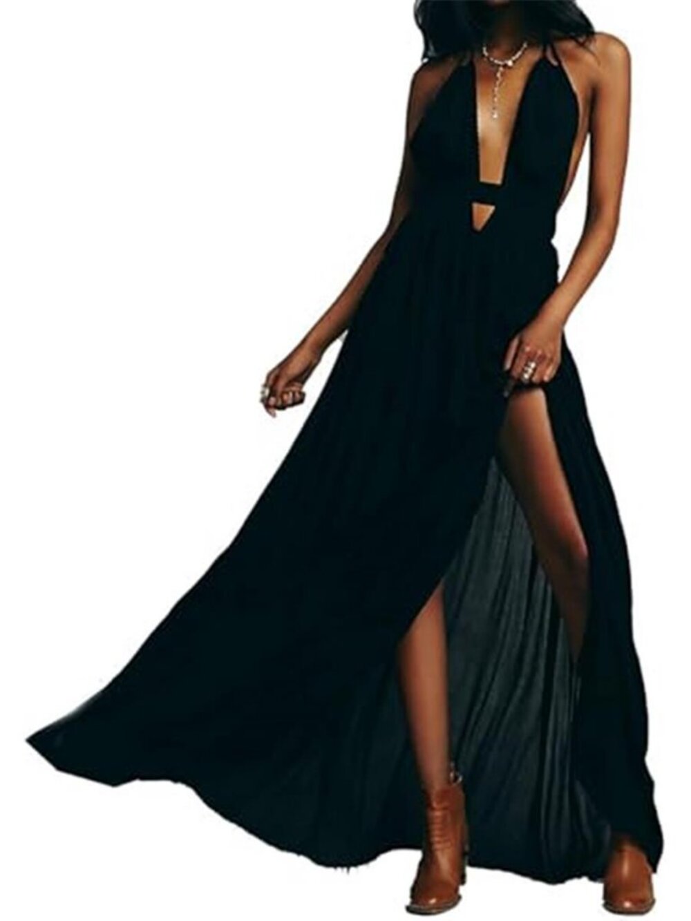 Womens Summer Halter Elastic Waist Boho Maxi Dress